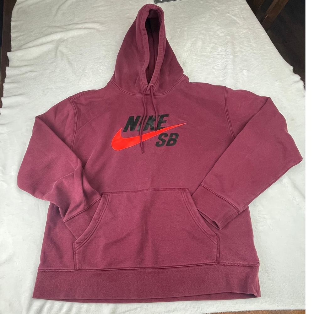 Nike SB Hoodie Mens Large Burgundy Maroon Orange Swoosh Logo Pullover Sweatshirt